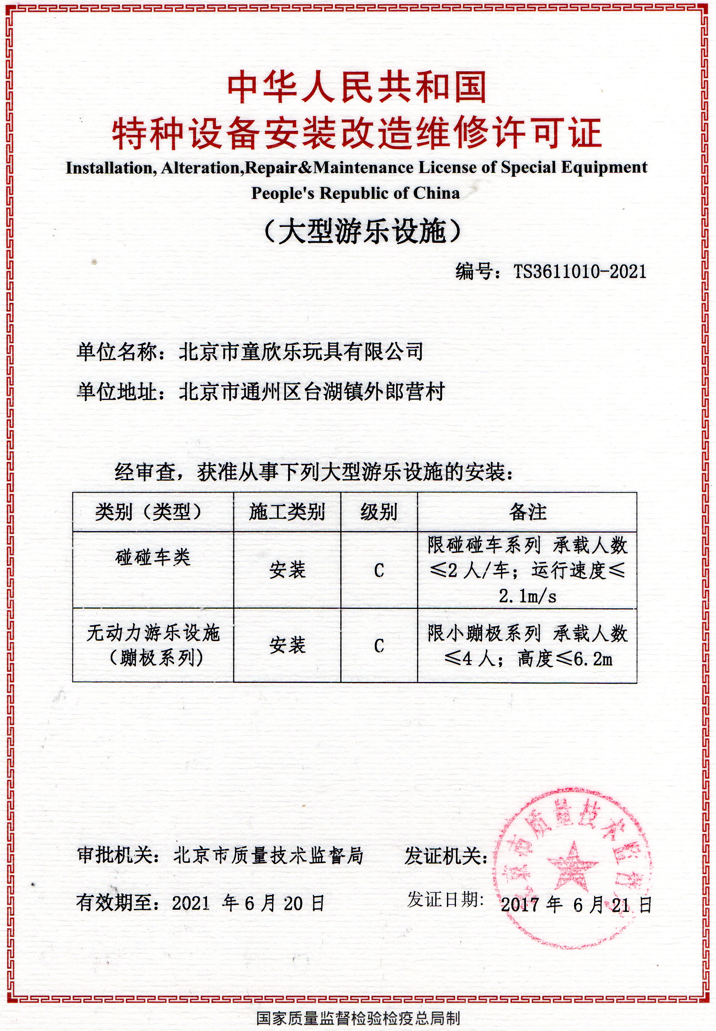 Repair & Maintenance License of Special Equipment