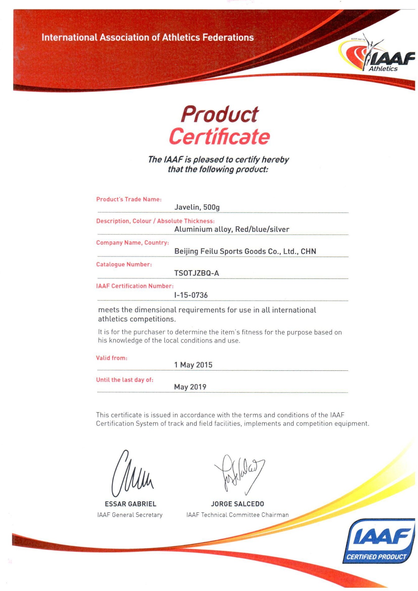 500g Javelin Certificate