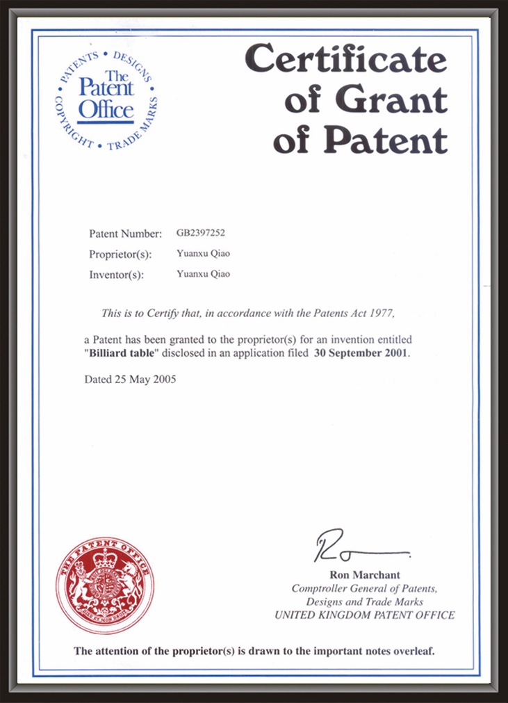 特許の付与のビリヤードテーブルの証明書
