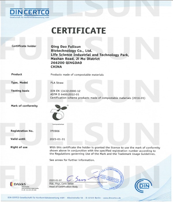 Paja biodegradable Certificación EN 13432