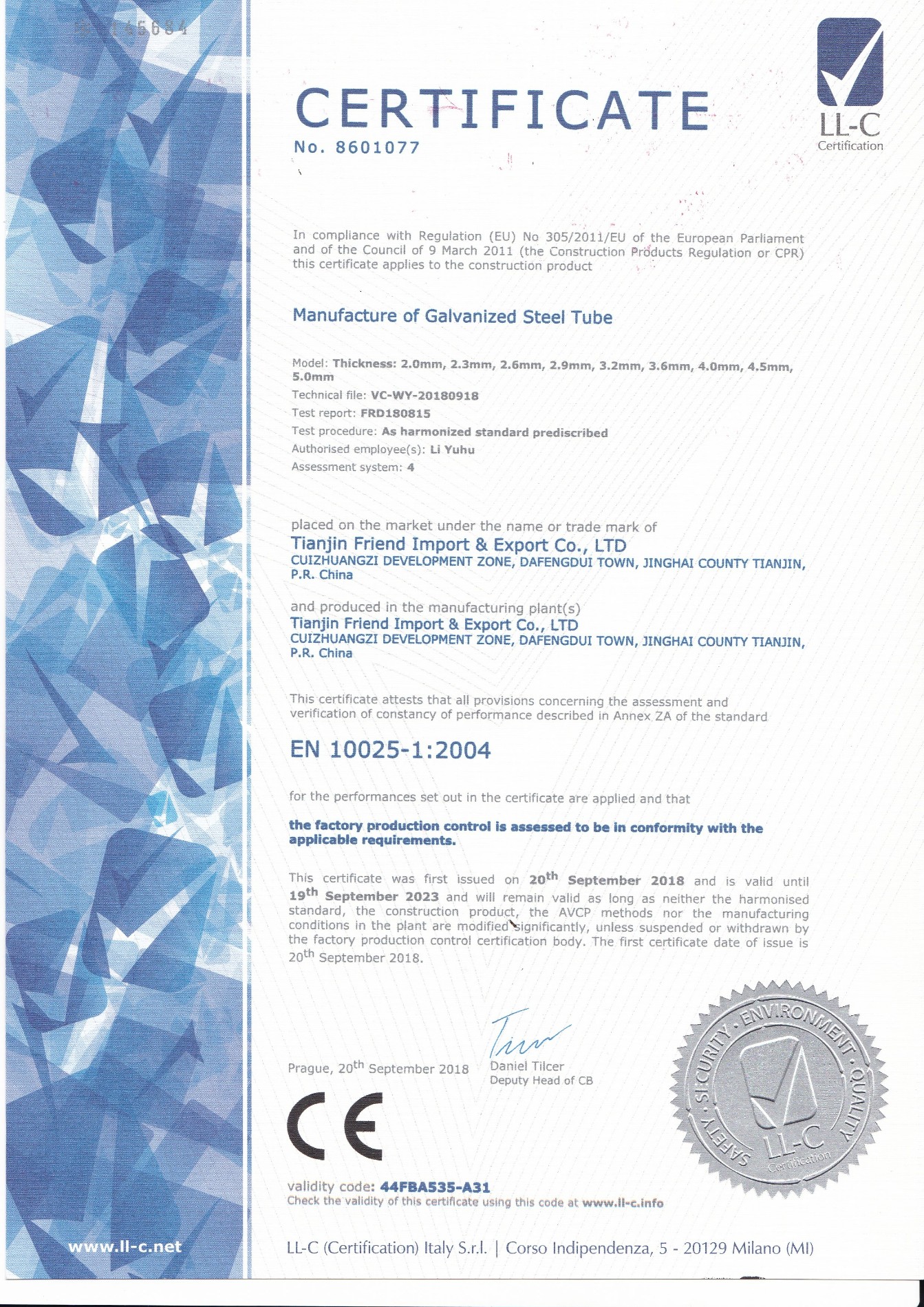 CE Certificate for Galvanized Pipes