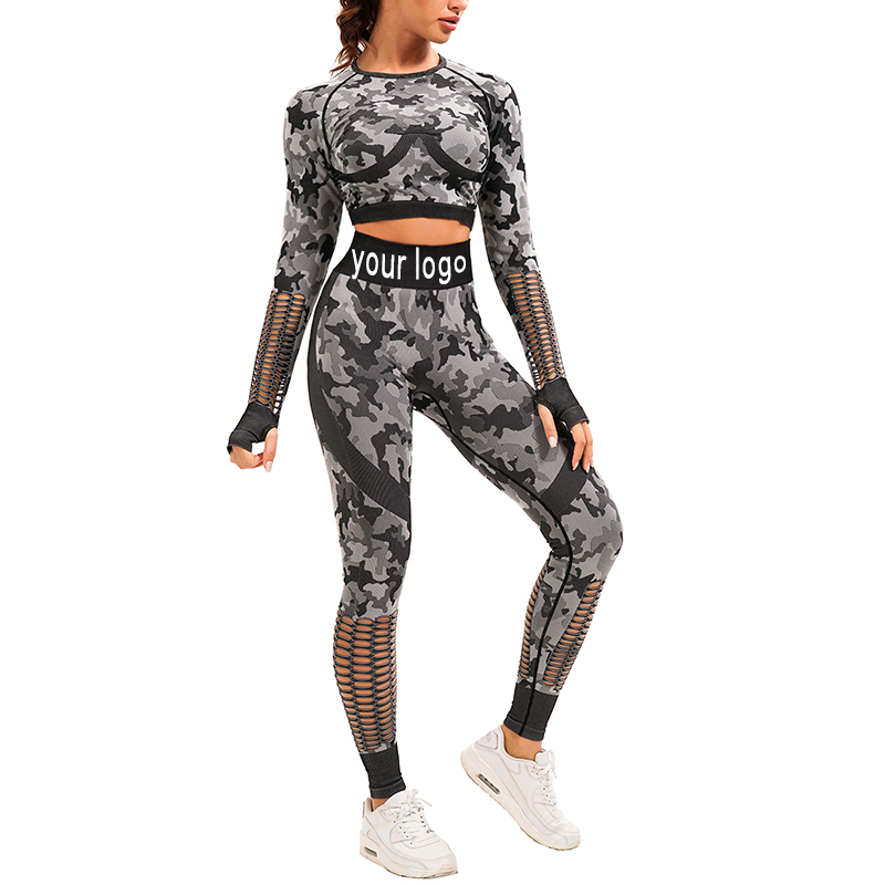 Custom Logo Women Hollow Seamless Out Backless High Waist Leggings Två delar Gym Sportswear Yoga Set