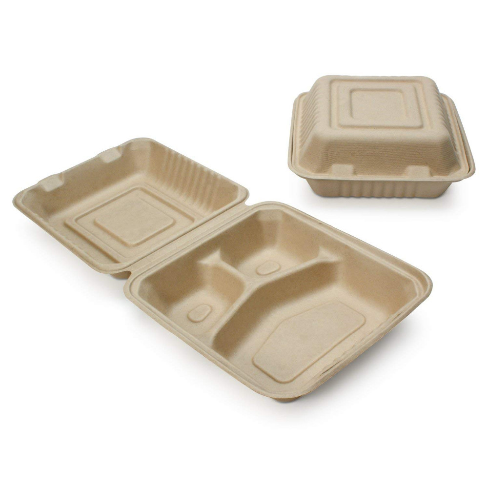 Disposable Light Brown Color Bagasse Fiber Bento Container