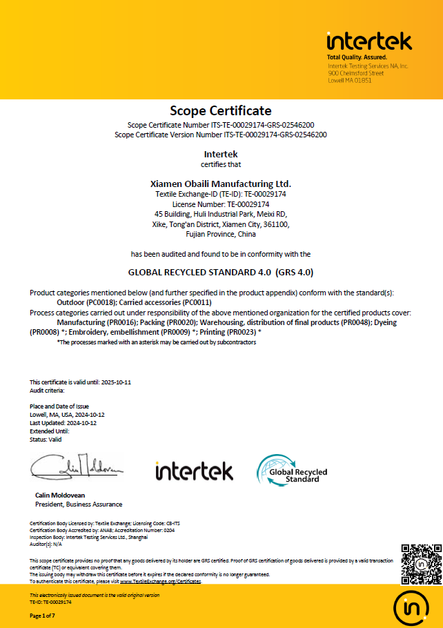 SC-GRS-Certificate v.4.0-Xiamen Obaili Manufacturing Ltd.