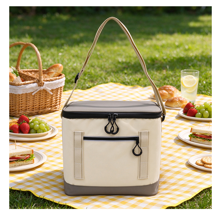 Cream Grey Insulated Cooler Tote Bag Lid Top