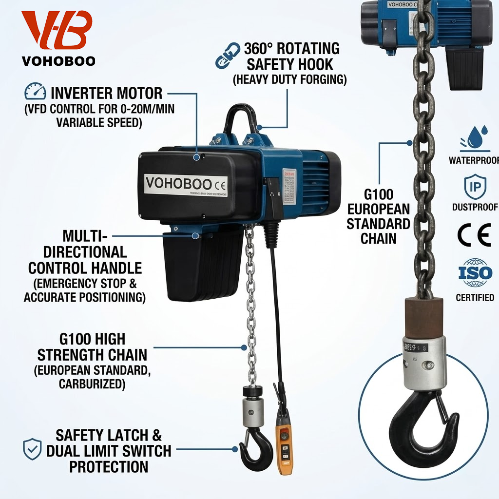 Waterproof IP65 Customized G100 Chain European Standard Electric Chain Block Hoist with Phase Sequence Protection for Harsh Environment Projects Factory