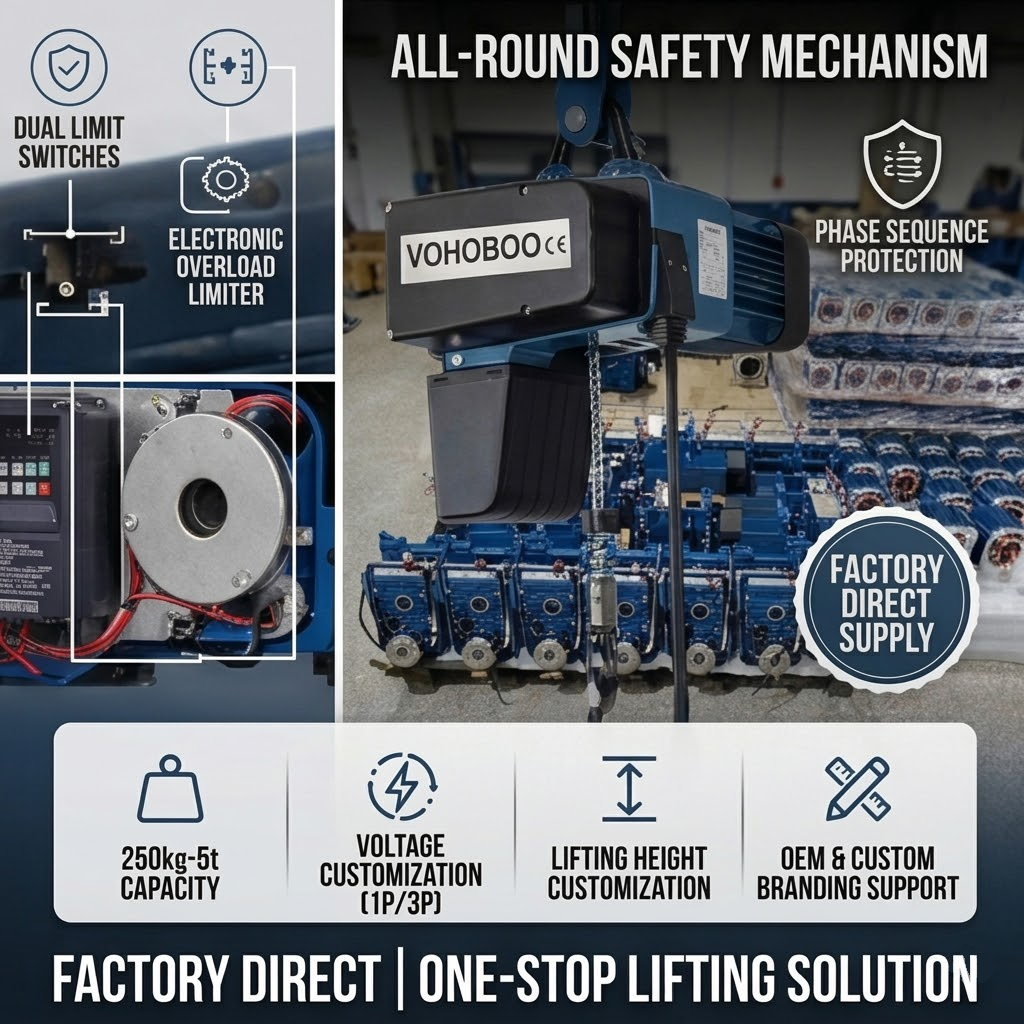 Waterproof IP65 Customized G100 Chain European Standard Electric Chain Block Hoist with Phase Sequence Protection for Harsh Environment Projects Factory