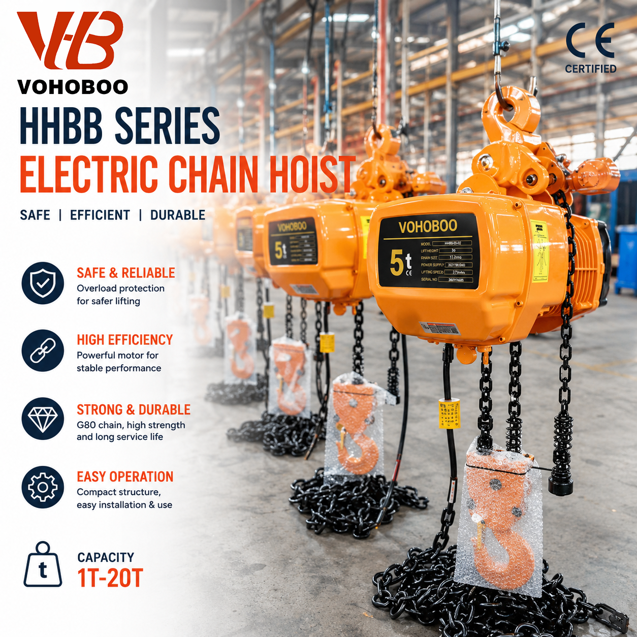 Electric Chain Hoist 1 Ton 2 Ton 3 Ton 5 Ton Trolley Hoist with Remote Control 380V 220V for Manufacturing Plant Warehouse