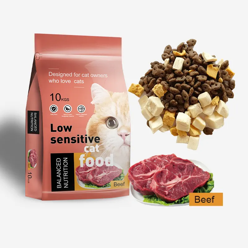 Nhà máy sản xuất thức ăn cho mèo cưng OEM Giá tốt Hỗn hợp lòng đỏ trứng gà Protein cao Bán buôn số lượng lớn Hương vị thịt bò Thức ăn khô cho mèo Thức ăn chủ yếu