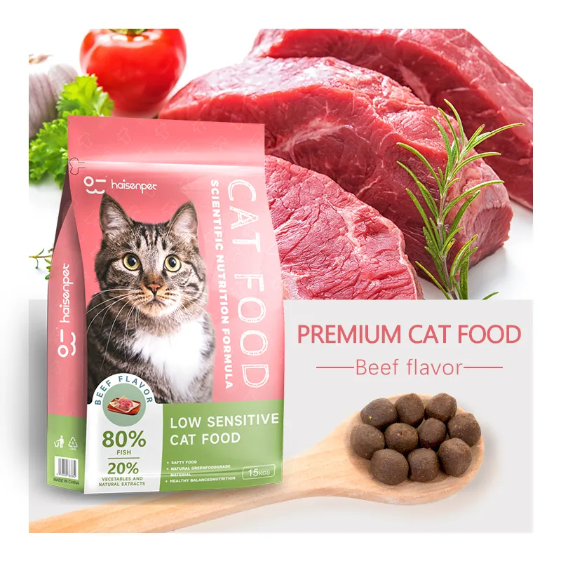 L'usine d'aliments pour chats OEM exporte des matières premières naturelles en vrac, des formes multiples, des saveurs, des aliments secs pour chats de tous âges
