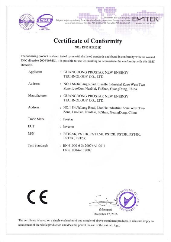 Certificado CE (invertidos da série PST)