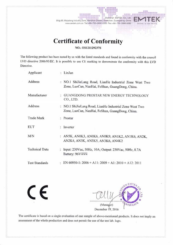 Certificado CE-LVD (Inversor Série AN)