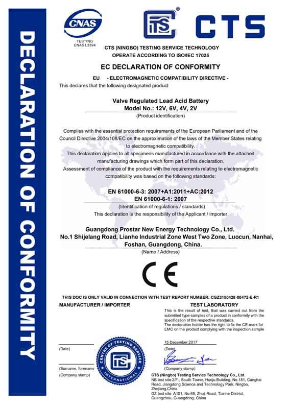 Certificado CE (bateria de ácido-chumbo regulada por válvula)