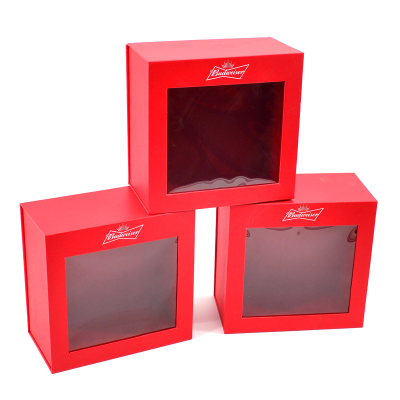Rigid packaging magnetic box with big window on top red color gift box