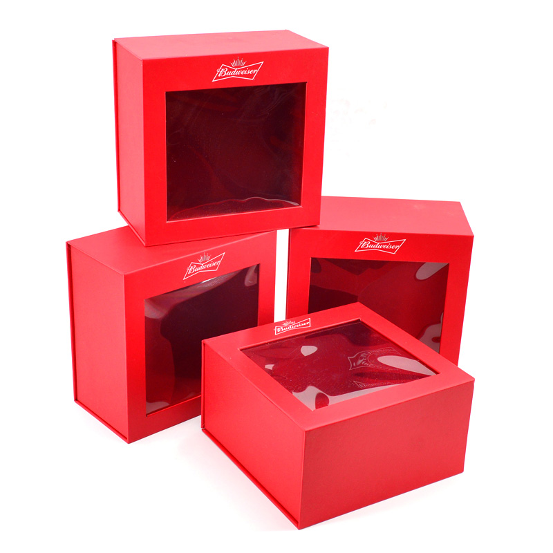 Rigid packaging magnetic box with big window on top red color gift box