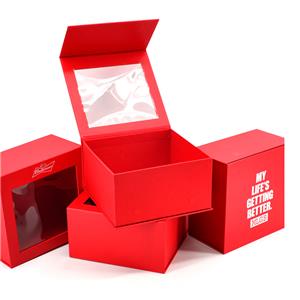 शीर्ष लाल रंग के उपहार बॉक्स पर बड़ी खिड़की के साथ कठोर पैकेजिंग चुंबकीय बॉक्स