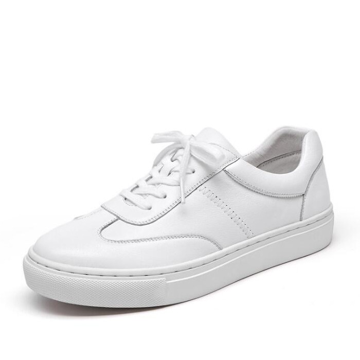 White Leather Running Shoes Round Toe Women Cool White Tennis Shoes