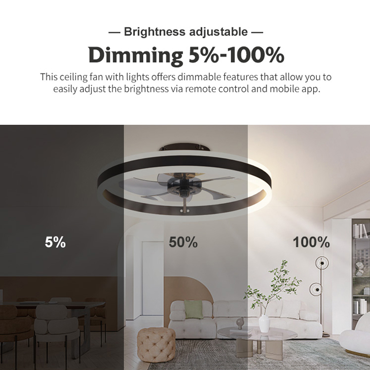 Bedroom Modern Minimalist Round Ceiling Fan Light with Clear 5 Blades