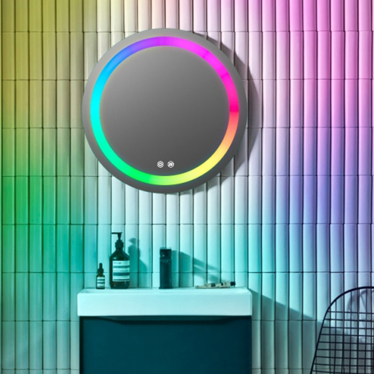 Miroir de salle de bains LED éclairé avant intelligent à changement de couleur RVB