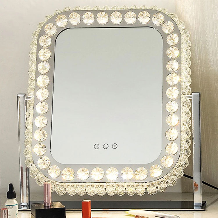 Specchio di lusso in cristallo LED Hollywood con diamanti argentati