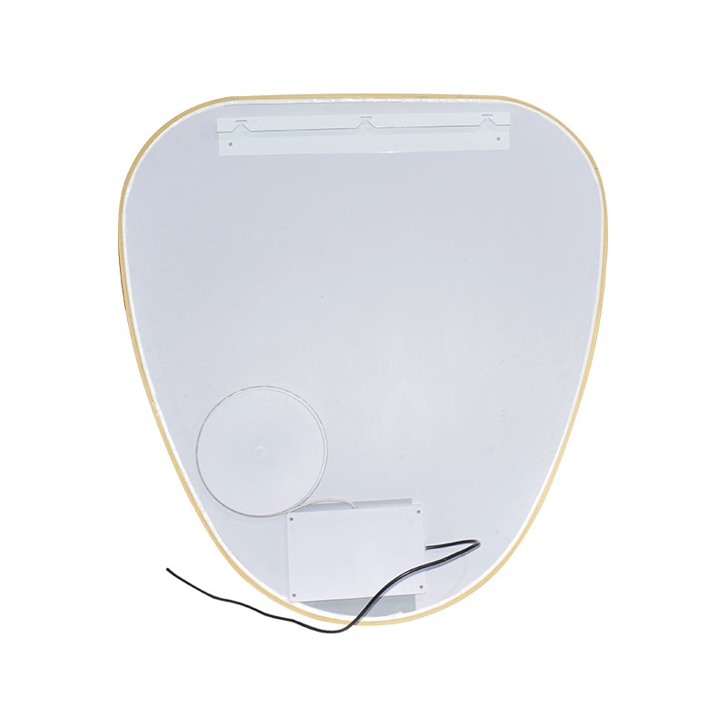 Espejo de baño con luz LED y detalles en forma de gota de agua con borde dorado y aumento de 5X