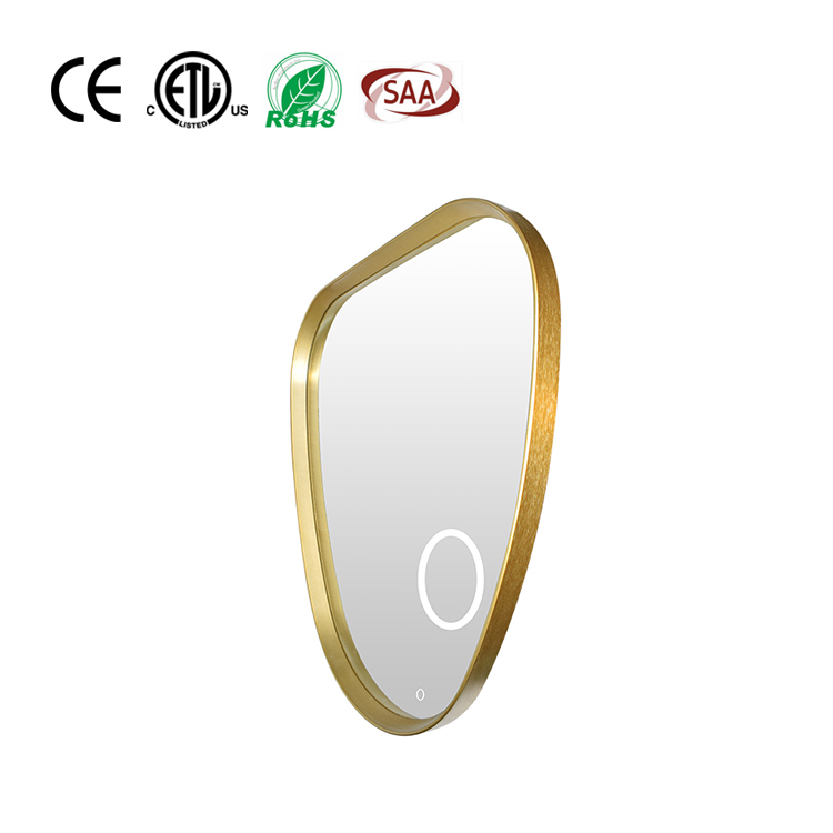 Espejo de baño con luz LED y detalles en forma de gota de agua con borde dorado y aumento de 5X