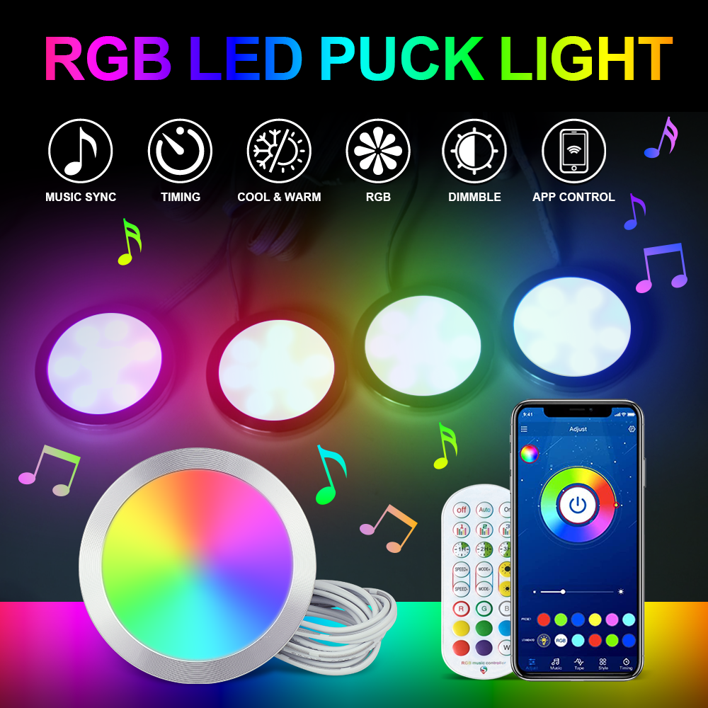 Luz RGB de disco con control remoto y atenuación para gabinete inteligente