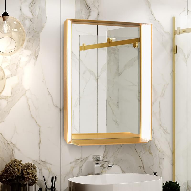 Gold Metal Frame Wall Mirror with Ribbed Glass Side Panel