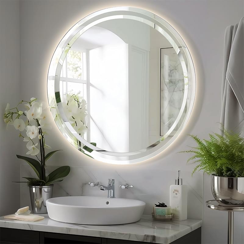 Frameless Round Beveled Wall Bathroom Mirror with Polished Edge