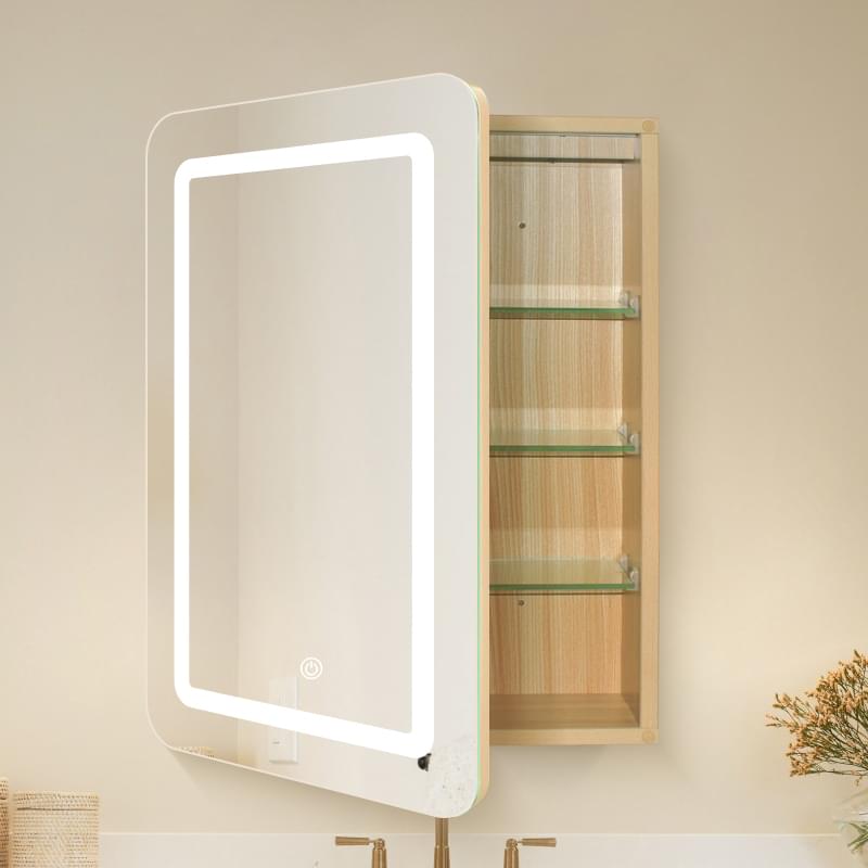 LED Lighted Bathroom Medicine Mirror Cabinet with Adjustable Glass Shelves