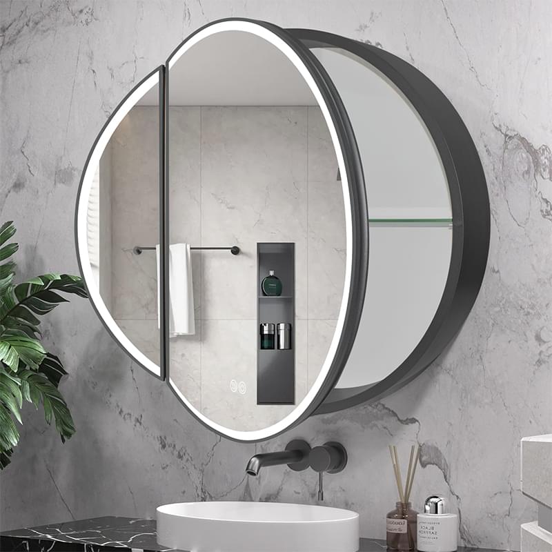 Wall-Mounted LED Lighted Bathroom Round Mirror Medicine Cabinet