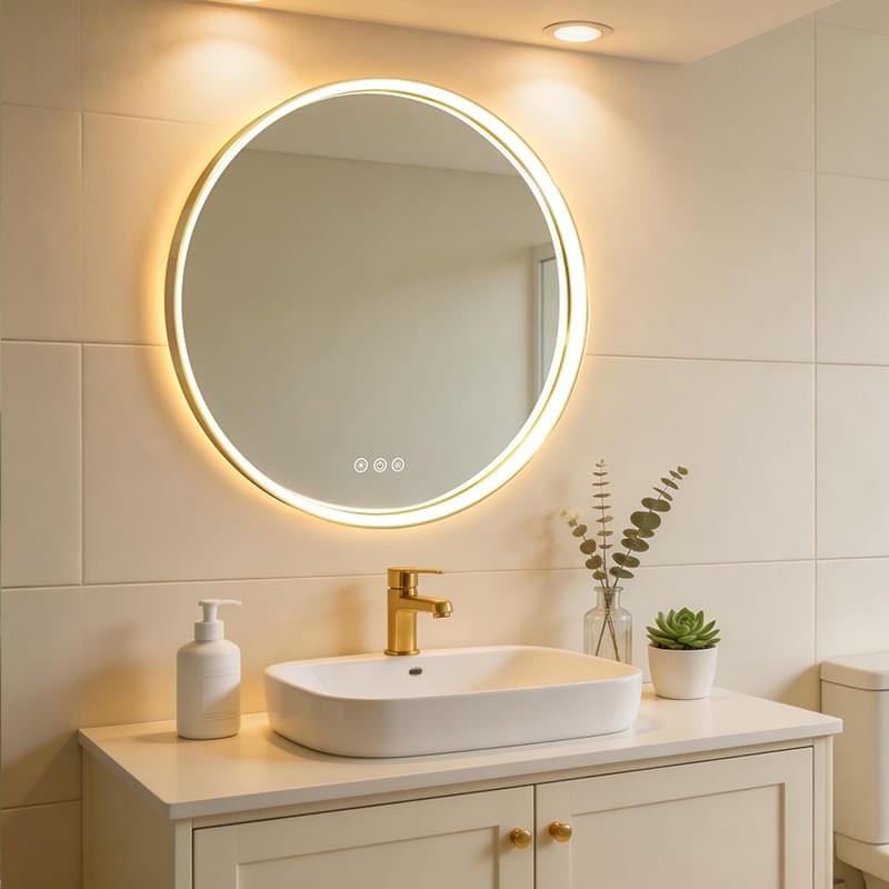 Soft Light Round Led Bathroom Mirror | Gold Frame, Anti-Fog