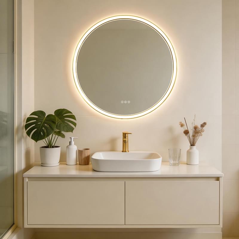 Soft Light Round Led Bathroom Mirror | Gold Frame, Anti-Fog