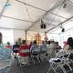 500 people white church tent with window