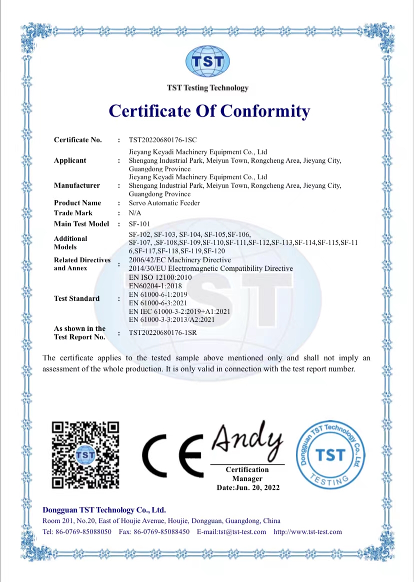 Certificación CE para alimentador automático