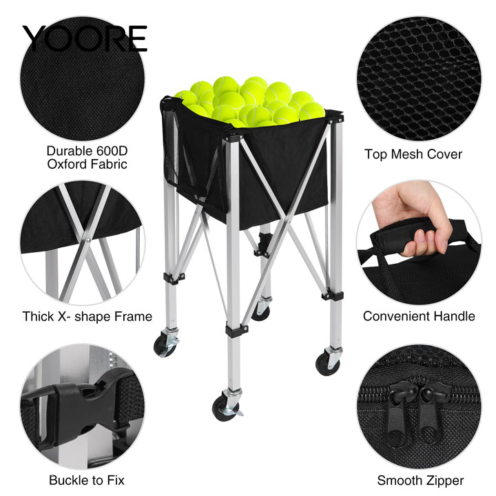 Multi-Sport Foldable Ball Cart on Wheels, Large Capacity Tennis Ball Hopper, Portable Ball Carrier for Tennis, Pickleball, Baseball