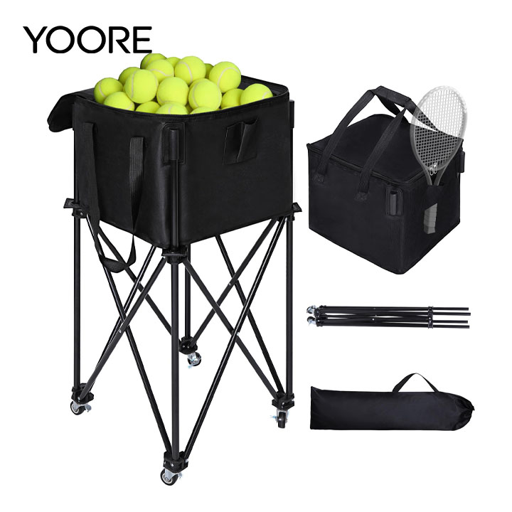 Multi-Sport Foldable Ball Cart on Wheels, Large Capacity Tennis Ball Hopper, Portable Ball Carrier for Tennis, Pickleball, Baseball