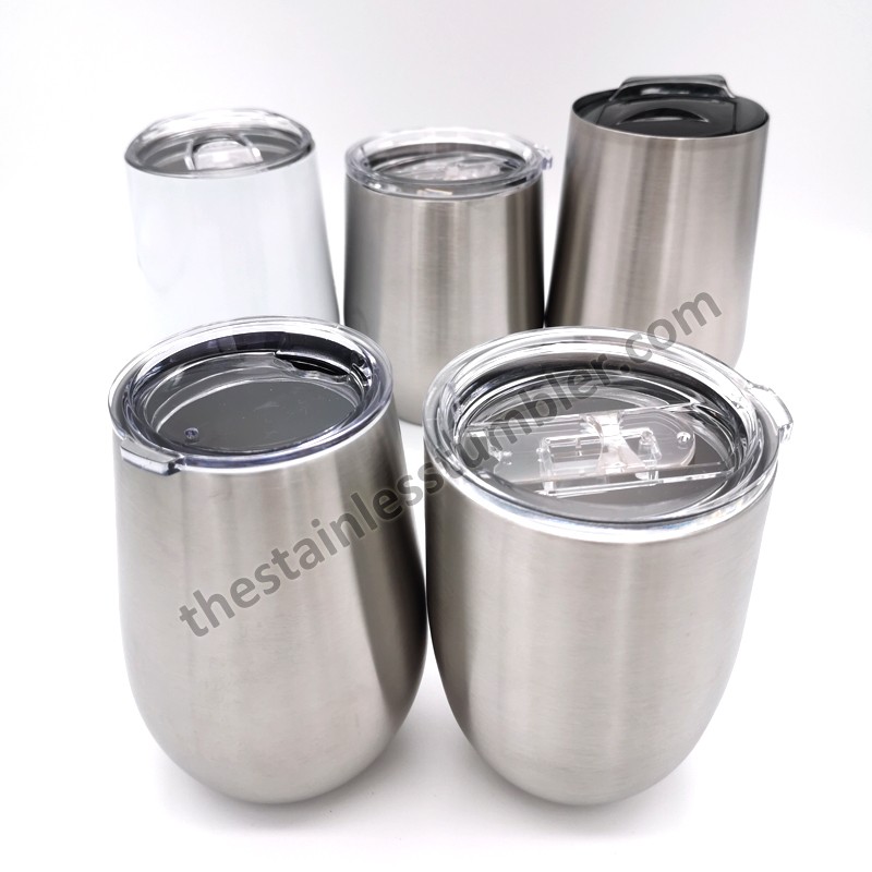 Supply 12oz Stainless Steel Double Wall Stemless Wine Drinking Cup Tumbler With Sliding Lid