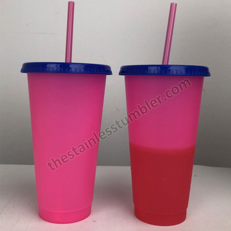 24oz colour changing plastic cup froasted and assorted multicolor mugs with lid and straw