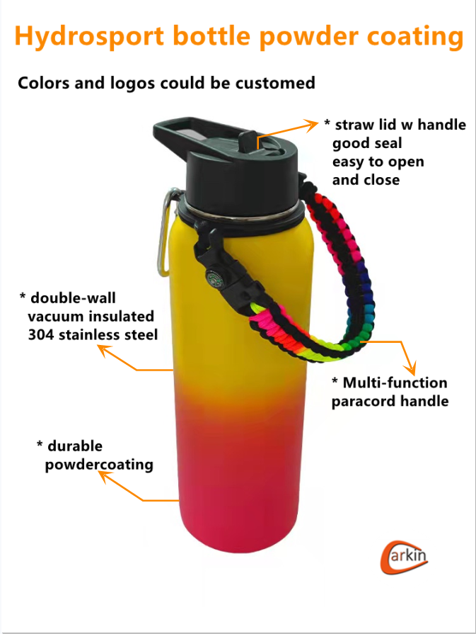 Botella de agua Hydro sport de 40 oz con recubrimiento en polvo con mango de paracord