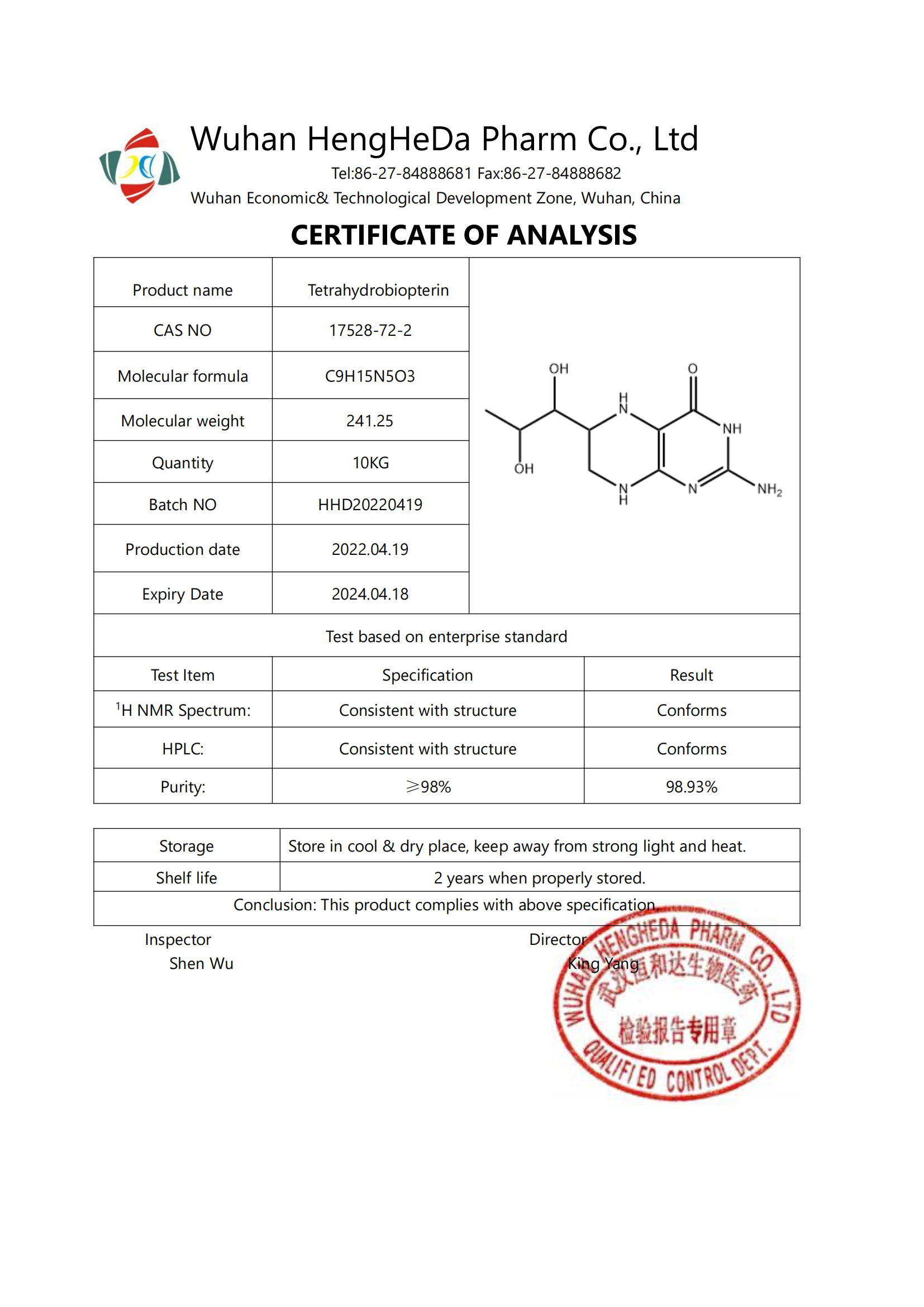 98% Tetrahydrobiopterin(BH4, THB) CAS 17528-72-2