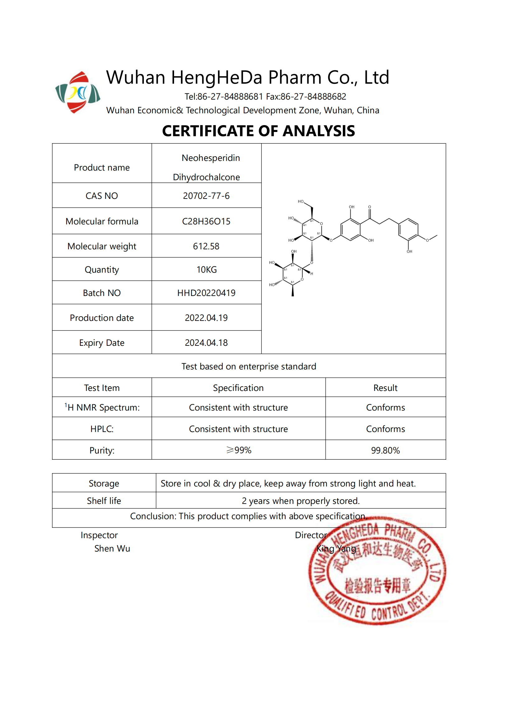 Китай 98% неосперидин дигидрохалкон/NHDC CAS 20702-77-6, производитель