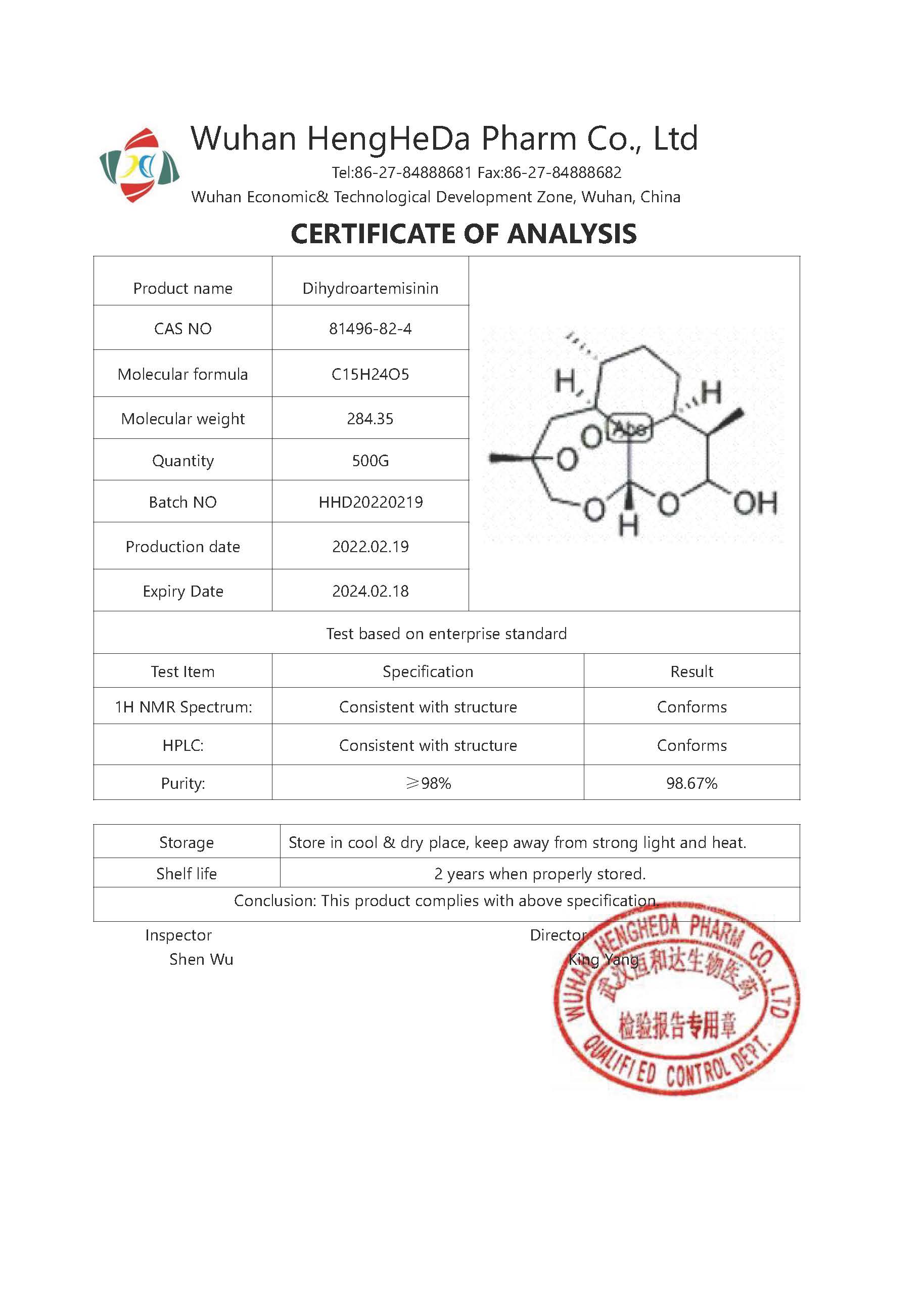 Китай Заводская поставка 98% дигидроартемизинина CAS 81496-82-4, производитель