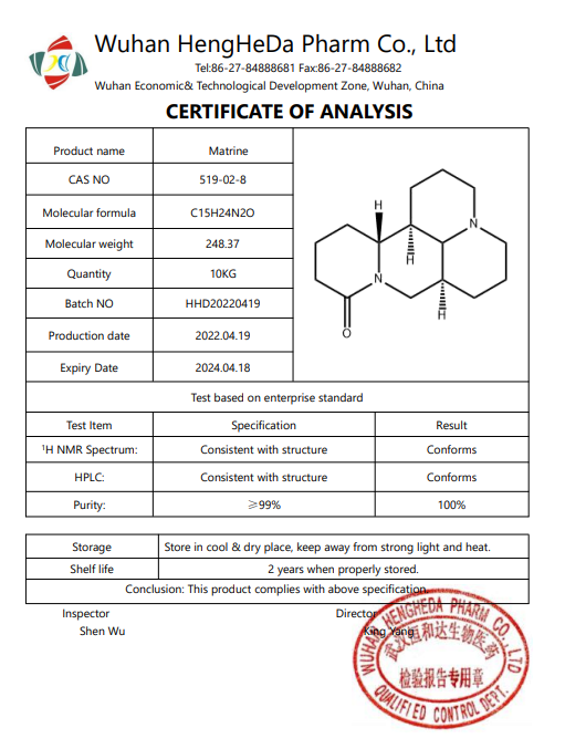 Китай 98% натуральный матрин CAS 519-02-8, производитель