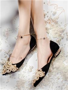Suede negro cómodos pisos de perlas puntiagudas