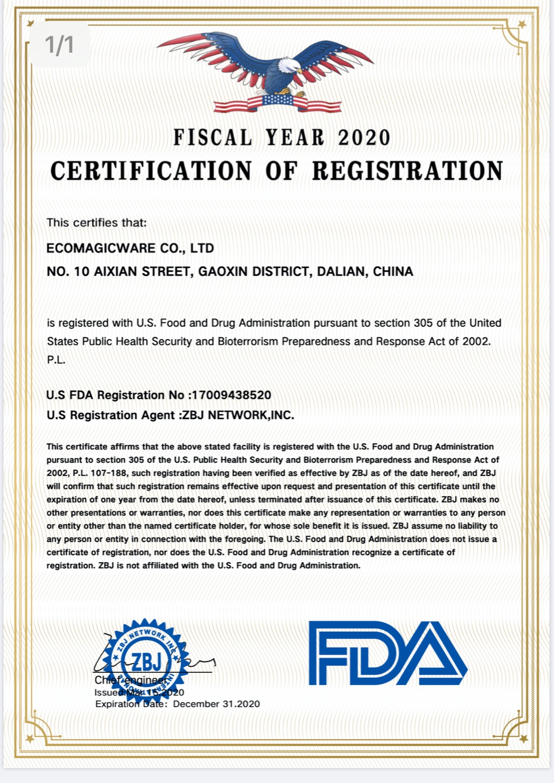Ecomagicware got FDA certificate