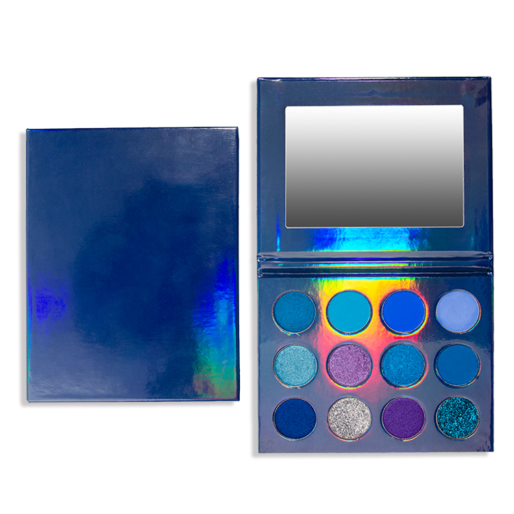 Paleta de sombras de luxo para maquiagem com 12 furos estilo azul holográfico