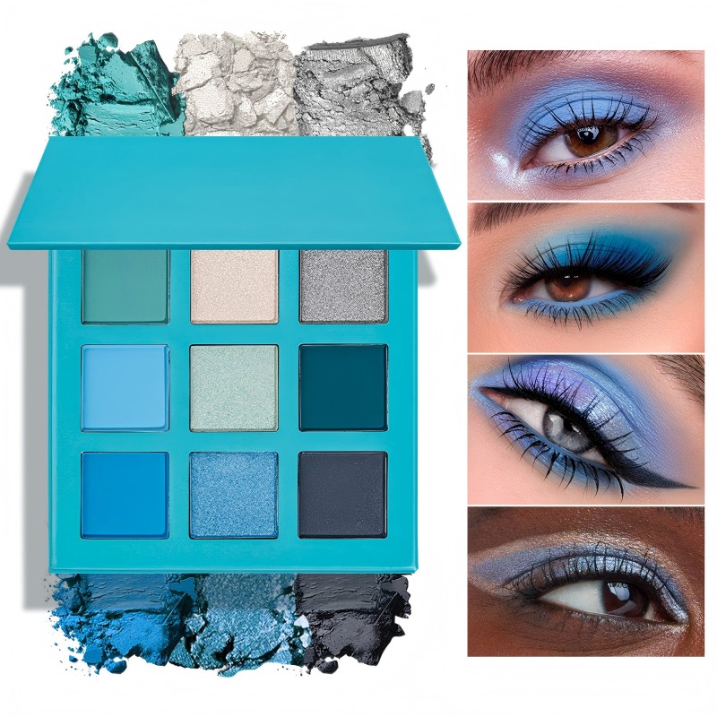 9-kleuren poederoogschaduwpalet met blauw vierkant ontwerp