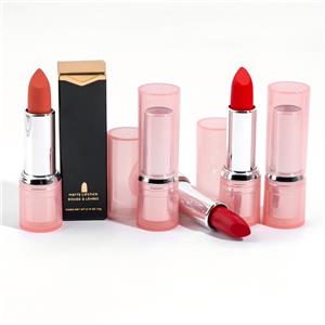 ピンクの丸型チューブに入った12色のマットリップスティック