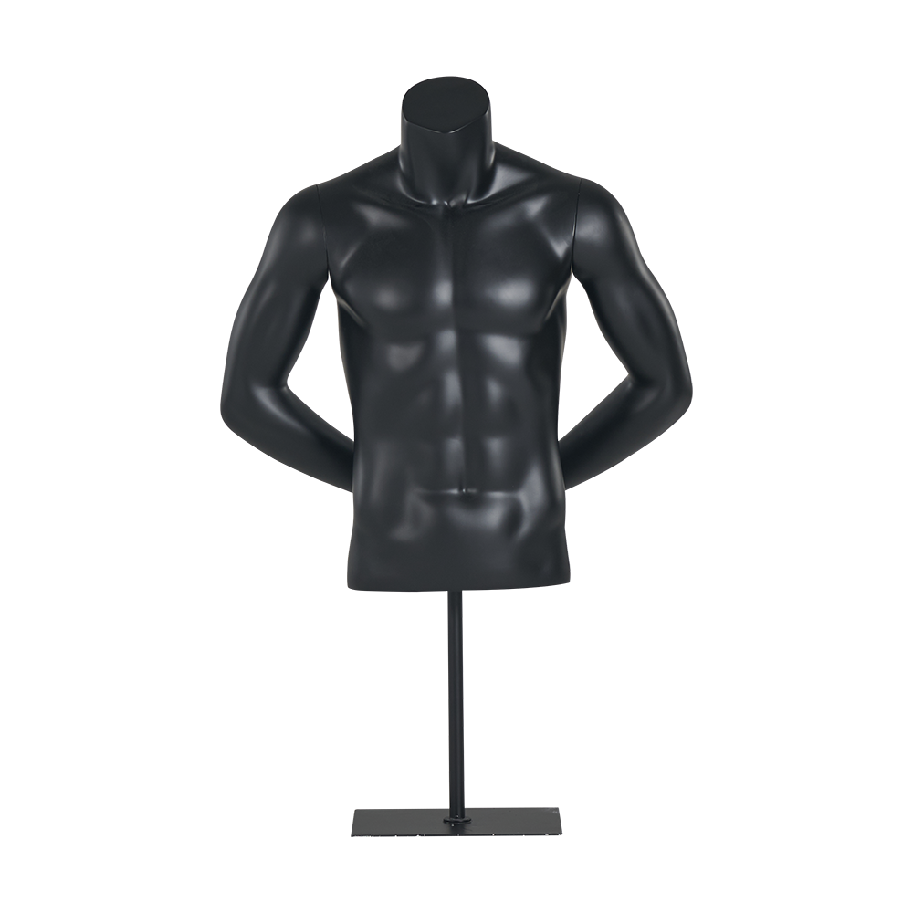 Manequim de torso masculino preto com as costas completas